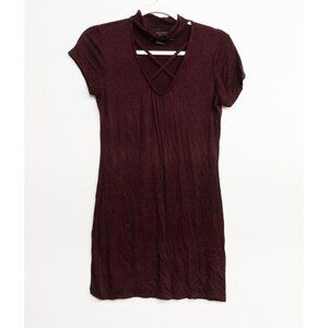 Poly and Esther Teens Maroon Rayon Blouson Dress Criss Cross Neck Short Sleeve M
